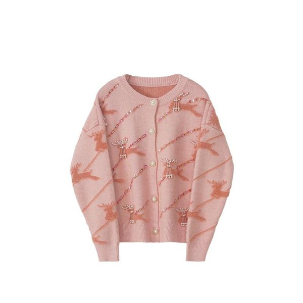 woman knit jacket o-neck fawn jarquard beaded single breasted pink sweater knitted cardigan christmas jumper female, White
woman knit jacket o-neck fawn jarquard beaded single breasted pink sweater knitted cardigan christmas jumper female, White
