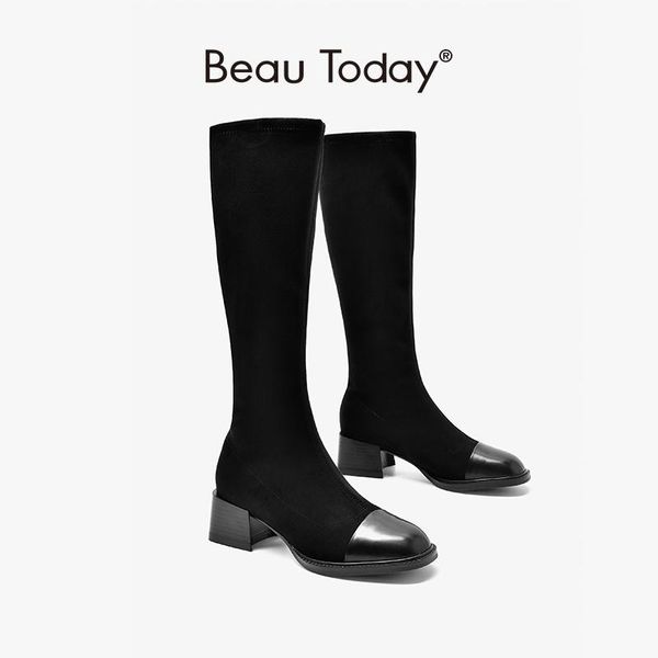 women long boots stretch fabric calfskin leather square toe boots black knee high for women handmade beautoday 01420
women long boots stretch fabric calfskin leather square toe boots black knee high for women handmade beautoday 01420