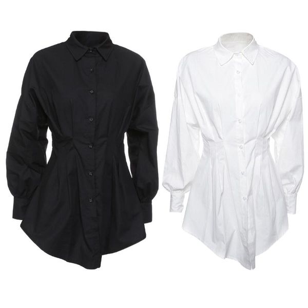 women lantern sleeve lapel deep v-neck mini blouse dress button down solid color pleated empire waist clubwear, White
women lantern sleeve lapel deep v-neck mini blouse dress button down solid color pleated empire waist clubwear, White