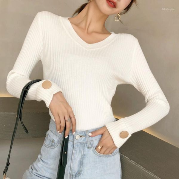 v neck women sweater casual solid slim office lady button fashion elegant autumn winter 2020 all-match female knitted wear1, White;black
v neck women sweater casual solid slim office lady button fashion elegant autumn winter 2020 all-match female knitted wear1, White;black