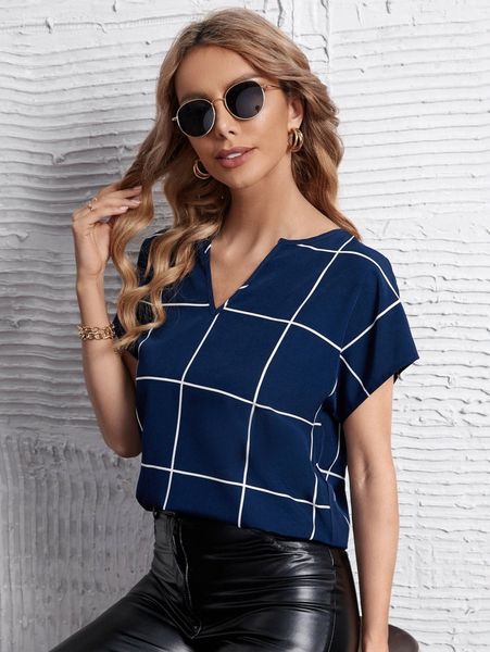 windowpane print batwing sleeve notched neck blouse m5fs#, White