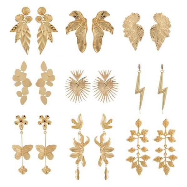 9 pairs drop dangle earrings set gold butterfly flowers leaf shape exaggerated earrings, Golden;silver 
9 pairs drop dangle earrings set gold butterfly flowers leaf shape exaggerated earrings, Golden;silver