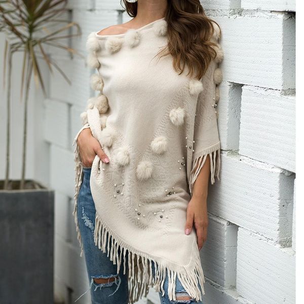 women o neck solid hairball tassel cloak loose shawl clothing sweater sweter turtle neck mujer invierno 2021 chamarras de mujer christmas, White;black
women o neck solid hairball tassel cloak loose shawl clothing sweater sweter turtle neck mujer invierno 2021 chamarras de mujer christmas, White;black