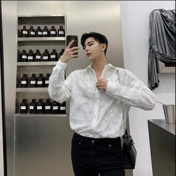 men's casual shirts 2021 spring personality sequins loose long-sleeved shirt nightclub hair stylist youth tide singer costume, White;black
men's casual shirts 2021 spring personality sequins loose long-sleeved shirt nightclub hair stylist youth tide singer costume, White;black
