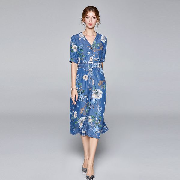 l xl xxl new summer 2020 women long maxi jeans dress short sleeve blue cotton denim flower print v neck with belt mid-calf elegant lady, Black;gray
l xl xxl new summer 2020 women long maxi jeans dress short sleeve blue cotton denim flower print v neck with belt mid-calf elegant lady, Black;gray