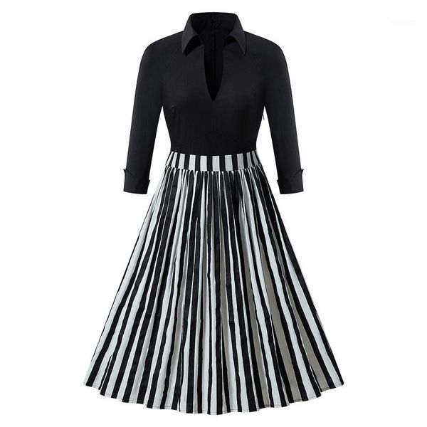 2020 new fashion women summer vintage stand collar striped dress ladies black white striped party vestidos plus size bg561, Black;gray
2020 new fashion women summer vintage stand collar striped dress ladies black white striped party vestidos plus size bg561, Black;gray