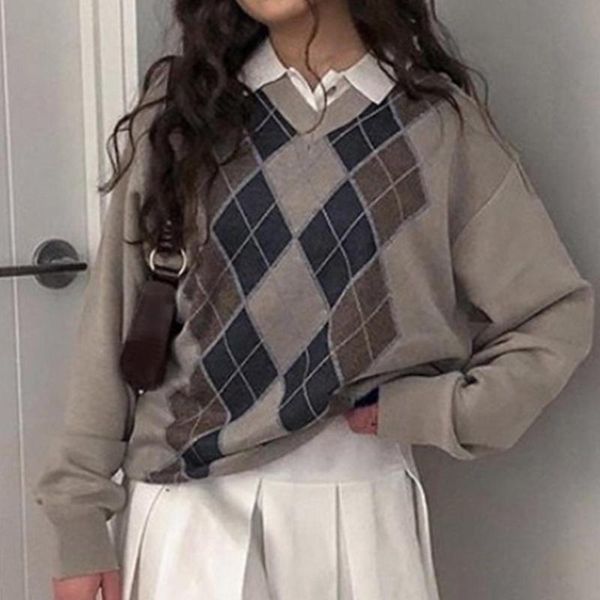 2021 autumn black v neck vintage knit sweater casual argyle plaid jumpers women preppy style long sleeve pullover, White;black
2021 autumn black v neck vintage knit sweater casual argyle plaid jumpers women preppy style long sleeve pullover, White;black