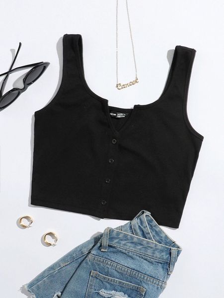 notched neck button-front cropped tank o1am#, White 
notched neck button-front cropped tank o1am#, White