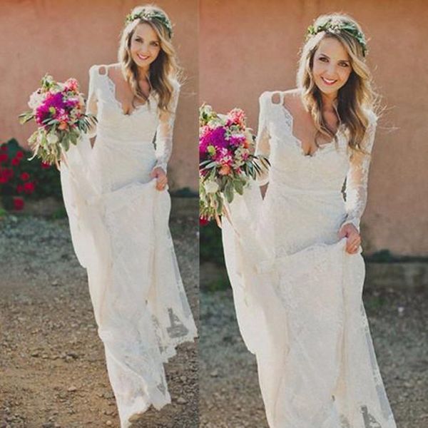 long sleeves wedding dresses 2018 deep v neck lace bridal gowns handmade western style summer vestidos de novia, White
long sleeves wedding dresses 2018 deep v neck lace bridal gowns handmade western style summer vestidos de novia, White