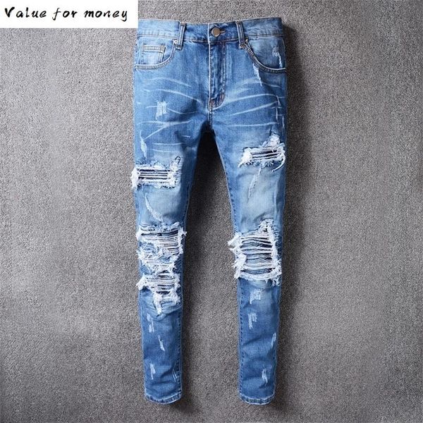 men's pleated blue patchwork hole ripped biker jeans for motorcycle casual slim skinny distressed stretch denim pants
men's pleated blue patchwork hole ripped biker jeans for motorcycle casual slim skinny distressed stretch denim pants