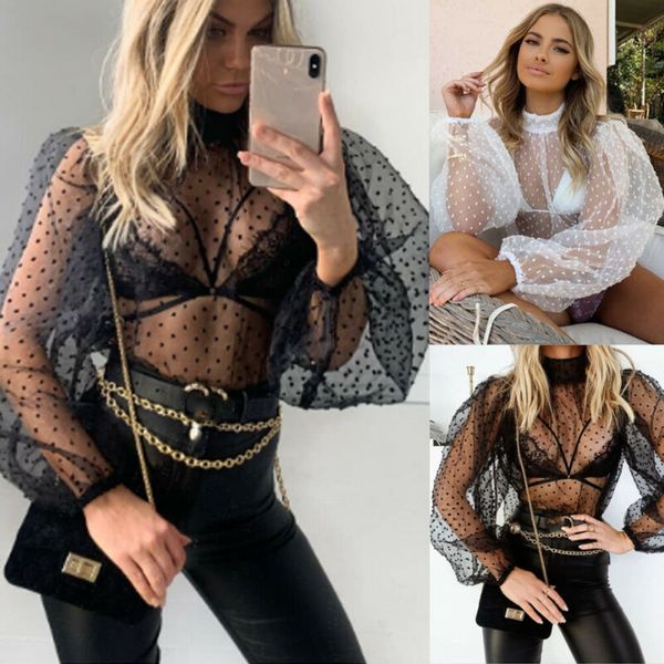 women shirts polka dot mesh sheer see-through puff long sleeve blouse tee top, White
women shirts polka dot mesh sheer see-through puff long sleeve blouse tee top, White