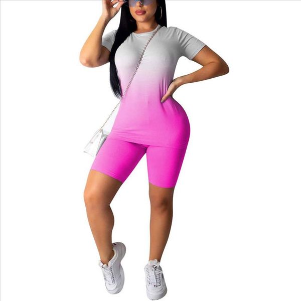2021 women 2pcs sport set gradient pattern short sleeve round neck slim high waist elastic band short pants tracksuit set, Gray
2021 women 2pcs sport set gradient pattern short sleeve round neck slim high waist elastic band short pants tracksuit set, Gray