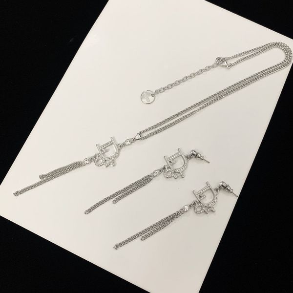 new d letter pendant necklace di family diamond inlaid temperament female tassel long earrings, Silver
new d letter pendant necklace di family diamond inlaid temperament female tassel long earrings, Silver