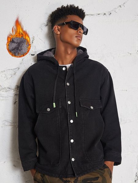 men slant pockets drawstring hooded teddy lined denim jacket 011p#, Blue
