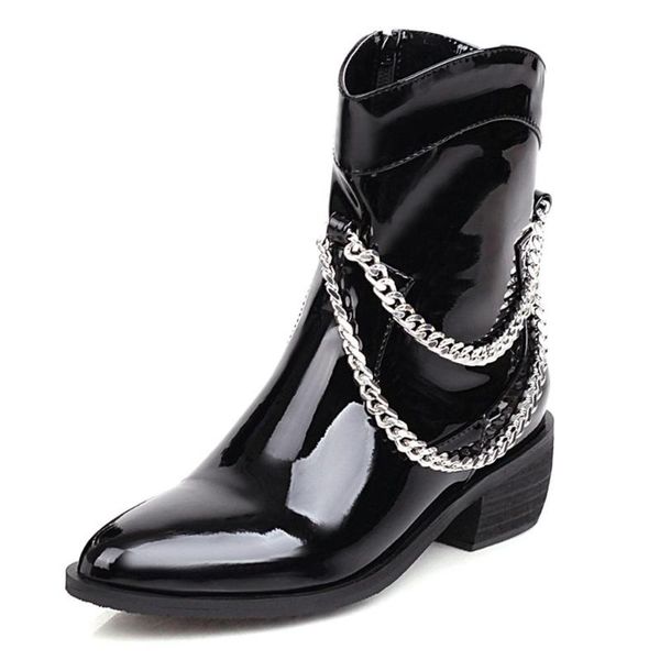 boots patent leather metal chain pointed toe trendy short-tube women's thick heel bright noble punk ankle mirror, Black
boots patent leather metal chain pointed toe trendy short-tube women's thick heel bright noble punk ankle mirror, Black
