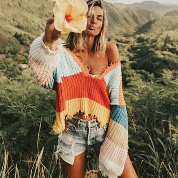 rainbow color striped pullovers women fringed deep v neck sweater jumper crop autumn knit shirts long lantern sleeved, White;black
rainbow color striped pullovers women fringed deep v neck sweater jumper crop autumn knit shirts long lantern sleeved, White;black