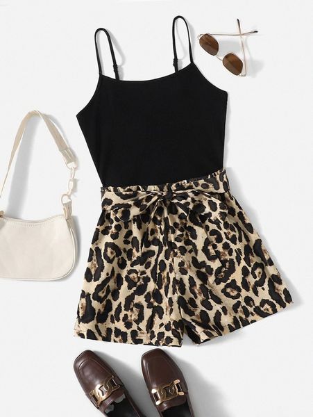 self belted leopard paneled cami romper n4lh#, White