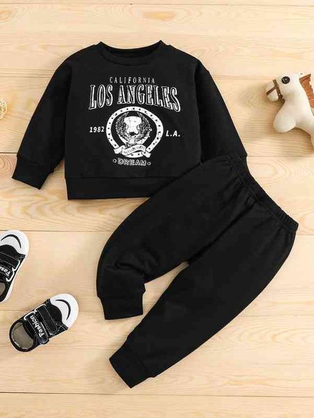 baby eagle & letter graphic sweatshirt & sweatpants she, White