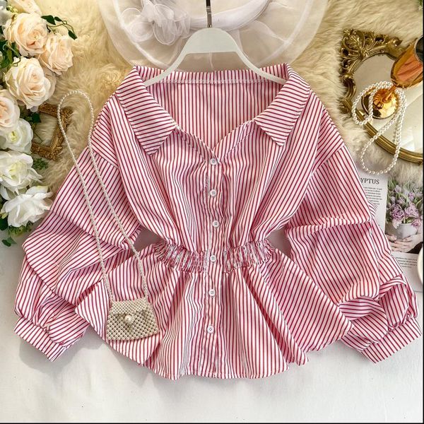 chic vintage shirt womens v neck long sleeve striped short casual blouses korean fashion clothing feminine, White
chic vintage shirt womens v neck long sleeve striped short casual blouses korean fashion clothing feminine, White