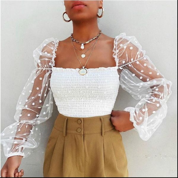 women square neck lace see through puff sleeve blouse high street beach vacation polka dot elastic top, White
women square neck lace see through puff sleeve blouse high street beach vacation polka dot elastic top, White