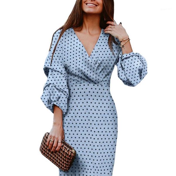 three quarter sleeve v neck polka dot midi dresses for women lantern sleeve office style dresses party vestidos1, Black;gray
three quarter sleeve v neck polka dot midi dresses for women lantern sleeve office style dresses party vestidos1, Black;gray