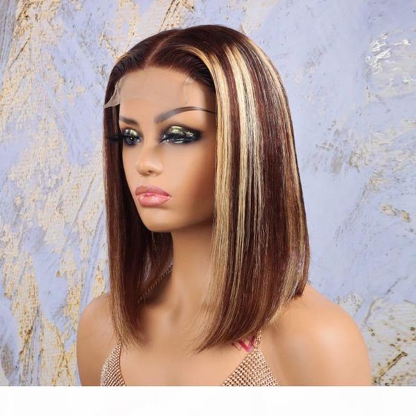 bob silky straight highlight human hair lace front wigs highlight remy hair 4x4 closure lace wigs for women, Black;brown 
bob silky straight highlight human hair lace front wigs highlight remy hair 4x4 closure lace wigs for women, Black;brown