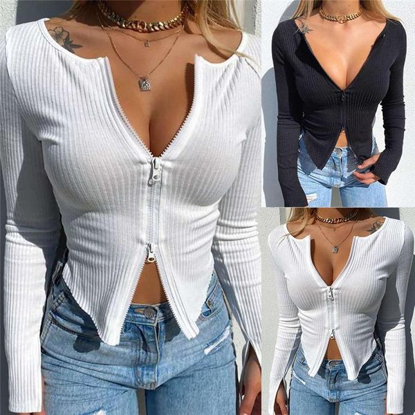 deep v neck solid women blouse shirts elegant rib knitted long sleeve pullover autumn lady hollow out slim zip blouses, White
deep v neck solid women blouse shirts elegant rib knitted long sleeve pullover autumn lady hollow out slim zip blouses, White