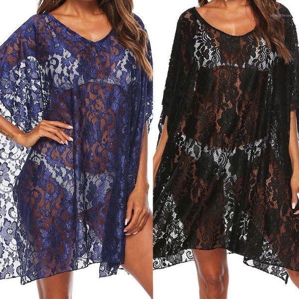 womens 3/4 batwing sleeves oversized bikini cover up hollow sheer floral lace beach dress deep v-neck side slit tunic 1, White;black
womens 3/4 batwing sleeves oversized bikini cover up hollow sheer floral lace beach dress deep v-neck side slit tunic 1, White;black