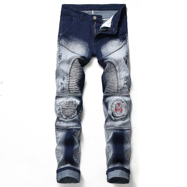 men's jeans folding stretch cuffed patch decoration hip hop denim men retro motorcycle casual washed cotton, Blue
men's jeans folding stretch cuffed patch decoration hip hop denim men retro motorcycle casual washed cotton, Blue