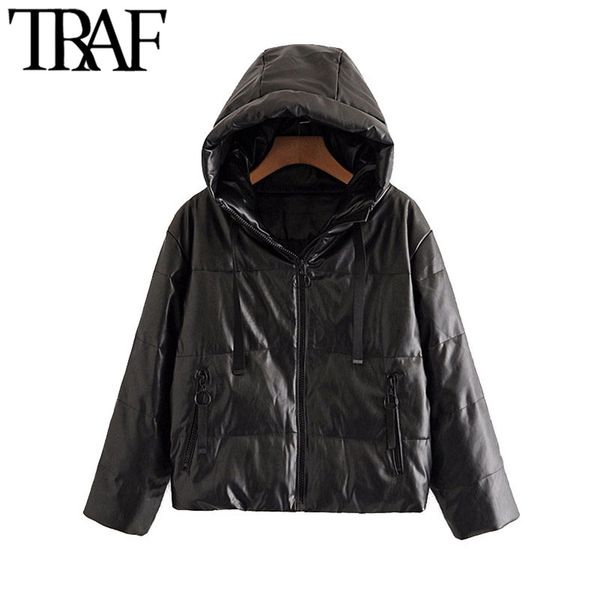 traf women fashion thick warm faux leather padded jacket coat vintage long sleeve loose female outerwear chic 201027, Black 
traf women fashion thick warm faux leather padded jacket coat vintage long sleeve loose female outerwear chic 201027, Black