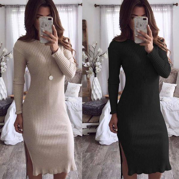 2020 fashion solid kintted knee-length dress casual long sleeve o neck side split women's autumn winter slim dress vestidos1, Black;gray
2020 fashion solid kintted knee-length dress casual long sleeve o neck side split women's autumn winter slim dress vestidos1, Black;gray