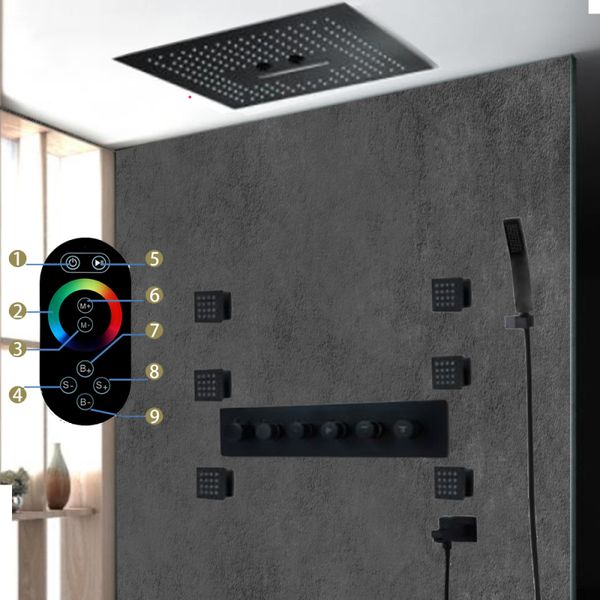 black shower faucet set l ceiling led rain waterfall massage showerhead high flow multi function diverter valve shower body jets
black shower faucet set l ceiling led rain waterfall massage showerhead high flow multi function diverter valve shower body jets