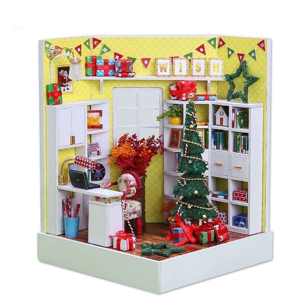 Christmas Mini Dollhouse With Dust Cover Light Books Wooden Miniatures Figures Diy Doll House Kits Toys Mainan Rumah Boneka Y200413