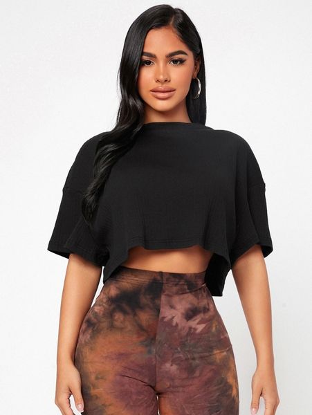 petite solid drop shoulder crop tee r8zk#, White 
petite solid drop shoulder crop tee r8zk#, White