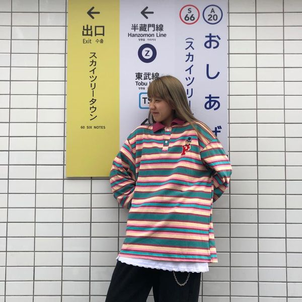 women's polos japanese cartoon shirts with striped lapels men and women loose autumn embroidered logo long-sleeved t-shirts ins tide, White
women's polos japanese cartoon shirts with striped lapels men and women loose autumn embroidered logo long-sleeved t-shirts ins tide, White