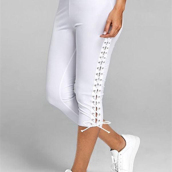 lace up capri casual high waist side bandage leggings mid-calf women bottoms trouser solid white black y200904
lace up capri casual high waist side bandage leggings mid-calf women bottoms trouser solid white black y200904