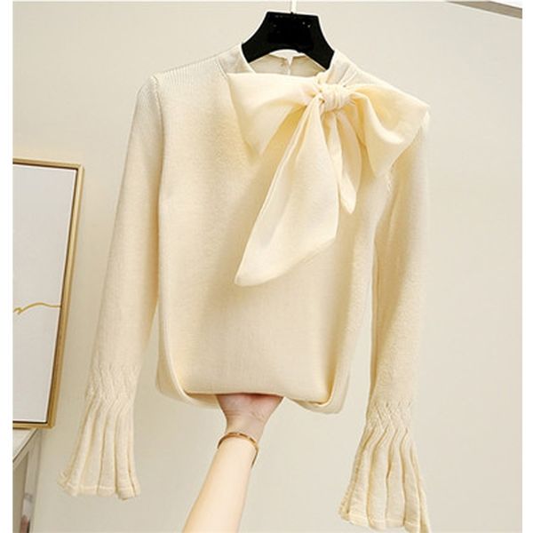 autumn women sweaters korean style knitted ladies pullovers flare sleeve elegant sweater tees belt bow big bow collar 201222, White;black 
autumn women sweaters korean style knitted ladies pullovers flare sleeve elegant sweater tees belt bow big bow collar 201222, White;black