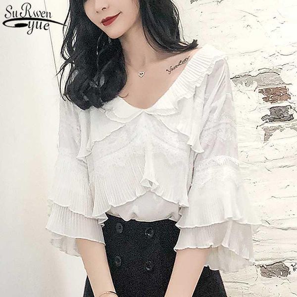 summer new flare short sleeve women's korean chiffon blouse 2020 office plus size v neck women shirts white ladies 100331
summer new flare short sleeve women's korean chiffon blouse 2020 office plus size v neck women shirts white ladies 100331