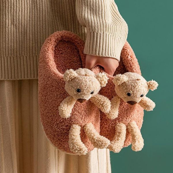 women plush slippers winter warm cartoon bear soft thick soled shoes men couples home indoor bedroom slip on ladies fur slides, Black