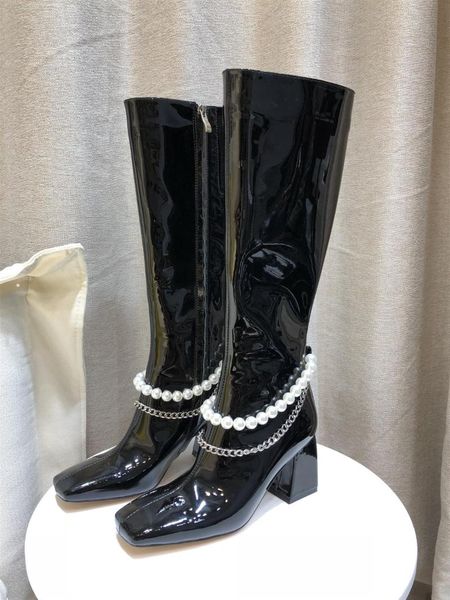 boots 2021 fashion chain pearl embellished knee high retro square toe long women patent leather heels shoes woman, Black
boots 2021 fashion chain pearl embellished knee high retro square toe long women patent leather heels shoes woman, Black