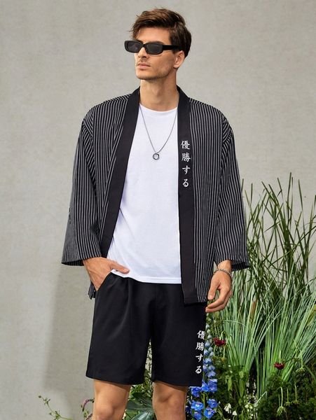 men vertical striped japanese letter graphic kimono shirt & shorts 9726#, Gray
men vertical striped japanese letter graphic kimono shirt & shorts 9726#, Gray