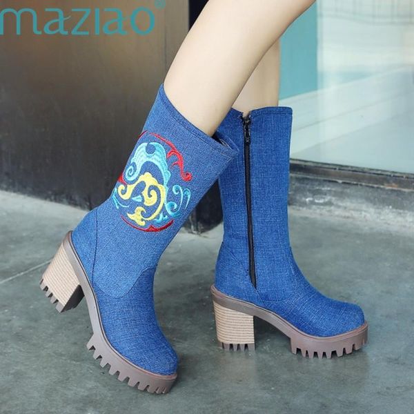 autumn winter women shoes vintage embroidery fashion knee high boots women thick heel denim boots female side size zipper maziao, Black
autumn winter women shoes vintage embroidery fashion knee high boots women thick heel denim boots female side size zipper maziao, Black