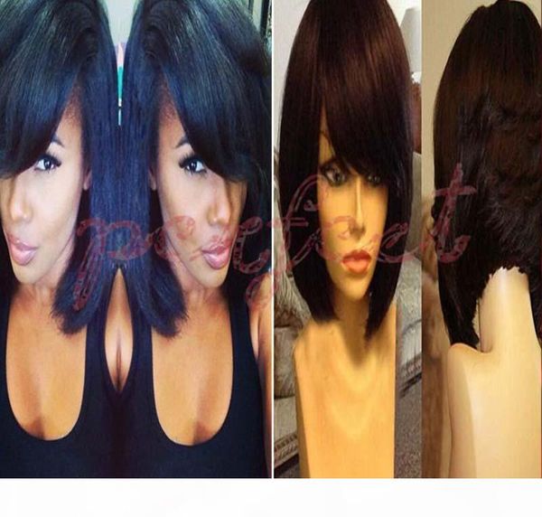 glueless full lace wigs straight short bob silk lace front wigs human hair bob wigs for black women, Black;brown