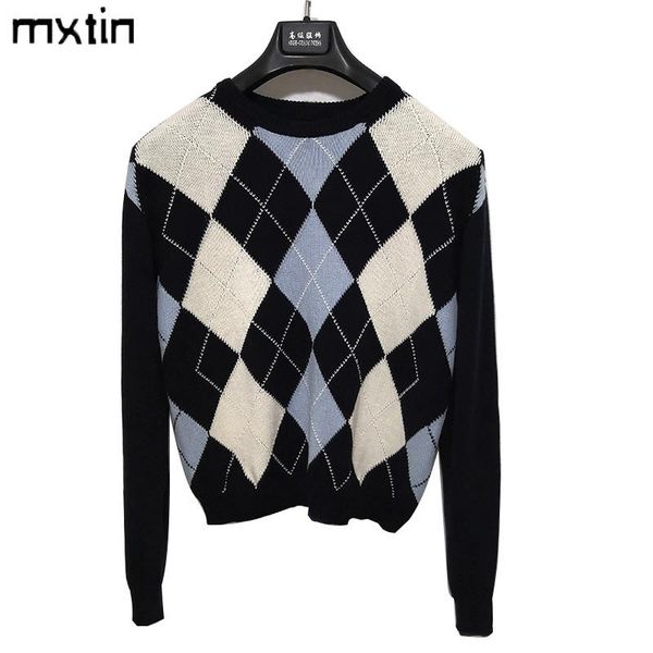 vintage stylish geometric rhombic pullover knitted sweater women 2020 fashion long sleeve outwear england style, White;black
vintage stylish geometric rhombic pullover knitted sweater women 2020 fashion long sleeve outwear england style, White;black