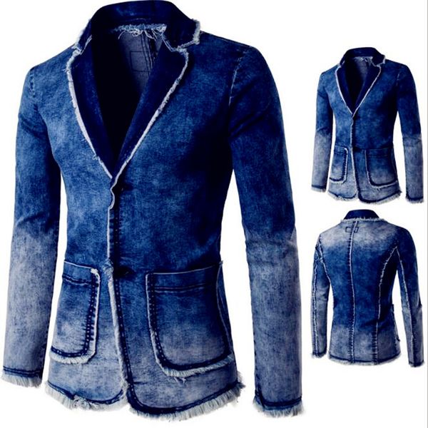 new men's denim washed suit jacket men's two-button slim-fit frayed suit, White;black
new men's denim washed suit jacket men's two-button slim-fit frayed suit, White;black