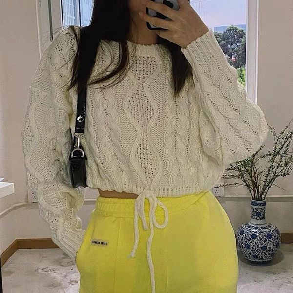 women sweater 2020 autumn and winter new two-color twist knit sweater lace-up round neck short pullover women, White;black
women sweater 2020 autumn and winter new two-color twist knit sweater lace-up round neck short pullover women, White;black