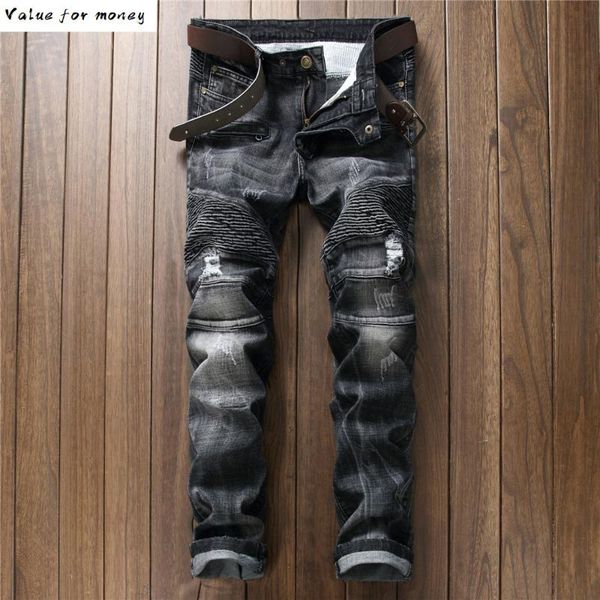 men pleated ripped jeans pants with rivets fashion badge patchwork denim trousers male punk style, Blue
men pleated ripped jeans pants with rivets fashion badge patchwork denim trousers male punk style, Blue