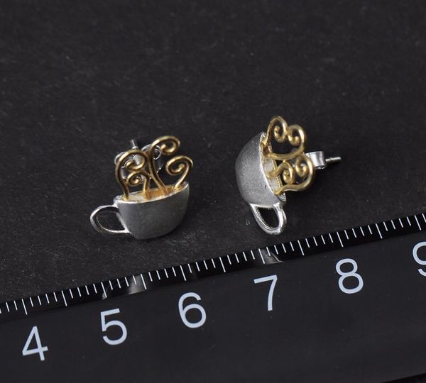 lotus fun real 925 sterling silver earrings original handmade fine jewelry coffee cup fashion stud earrings for women gift224908, Golden;silver