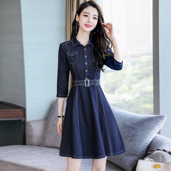 l xl xxl new summer 2020 women jeans midi dress half sleeve blue cotton denim a line with belt elegant lady, Black;gray 
l xl xxl new summer 2020 women jeans midi dress half sleeve blue cotton denim a line with belt elegant lady, Black;gray