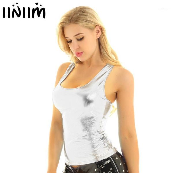 women holographic leather tank shiny metallic party nightclub slim vest sleeveless deep u-neck camisole tank streetwear1, White
women holographic leather tank shiny metallic party nightclub slim vest sleeveless deep u-neck camisole tank streetwear1, White